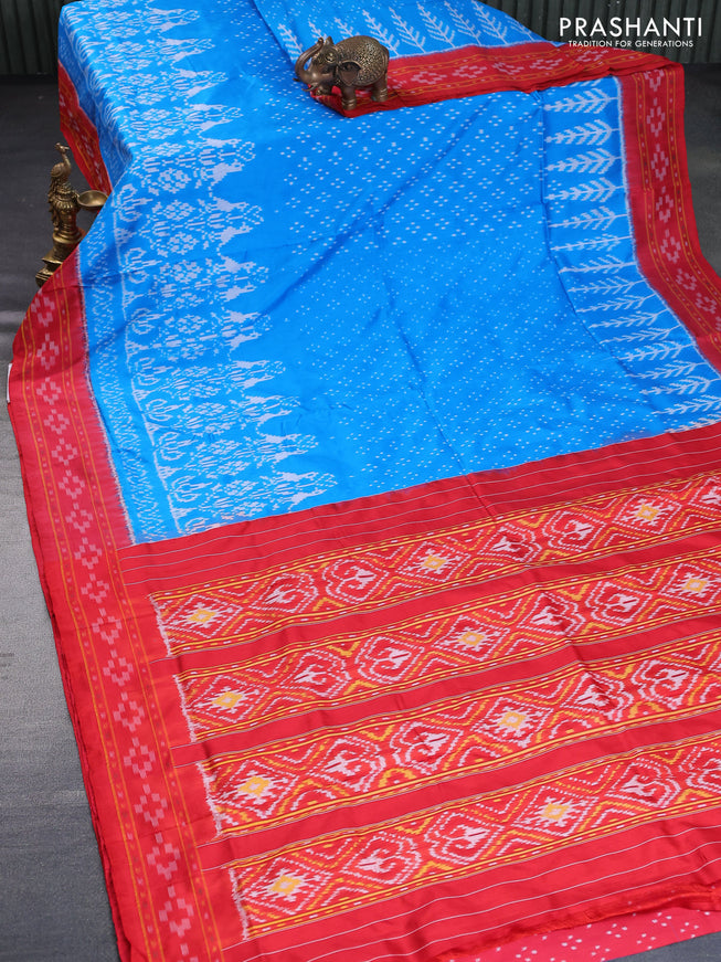 Pochampally silk saree cs blue and red with allover ikat weaves and ikat woven border