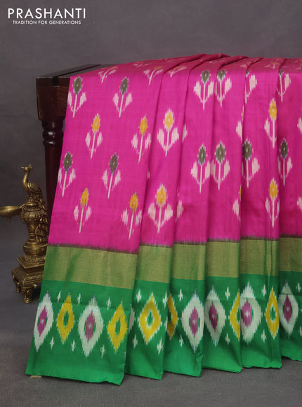 Pochampally silk saree pink and green with allover ikat butta weaves and zari woven ikat style border