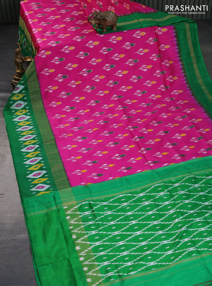 Pochampally silk saree pink and green with allover ikat butta weaves and zari woven ikat style border