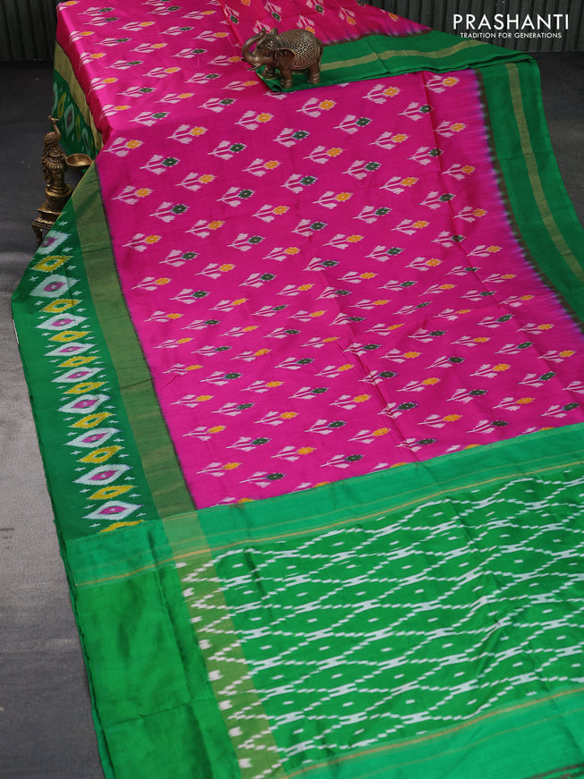 Pochampally silk saree pink and green with allover ikat butta weaves and zari woven ikat style border