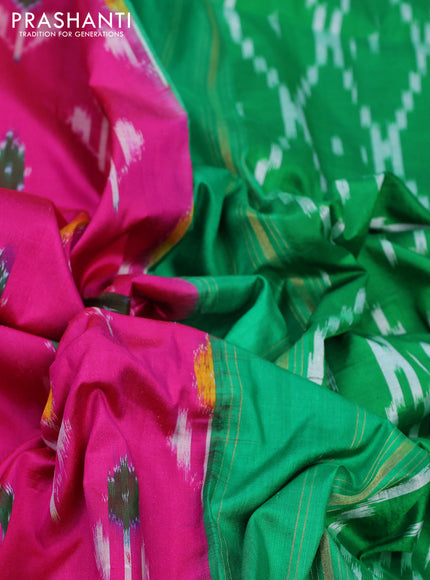 Pochampally silk saree pink and green with allover ikat butta weaves and zari woven ikat style border