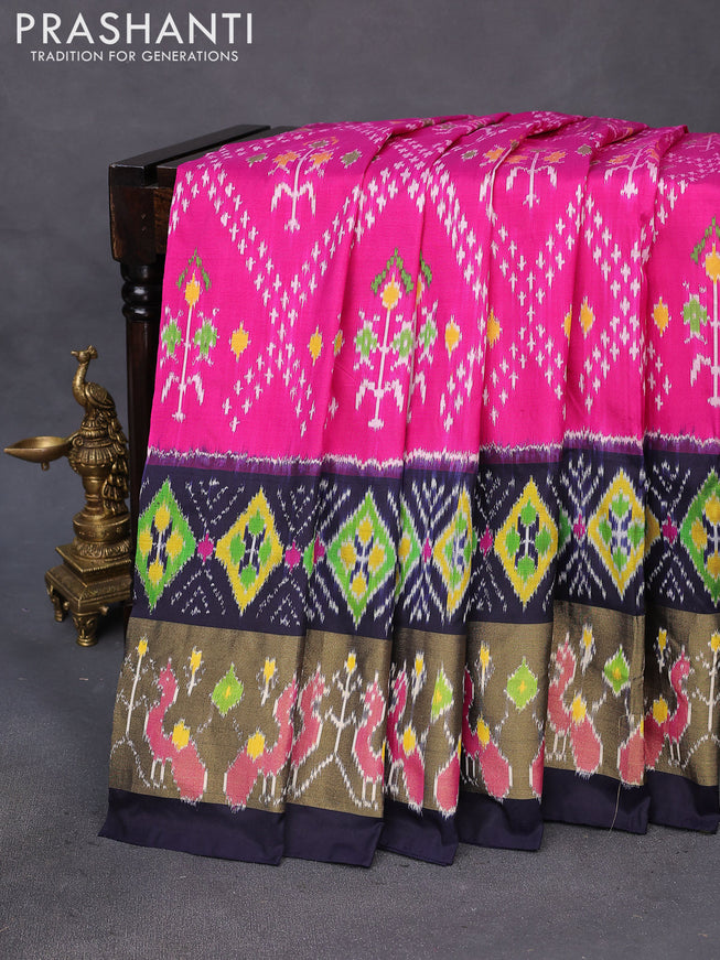 Pochampally silk saree pink and navy blue with allover ikat weaves and long ikat woven border