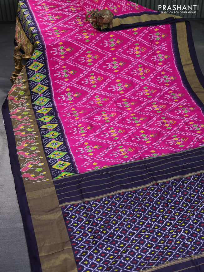 Pochampally silk saree pink and navy blue with allover ikat weaves and long ikat woven border