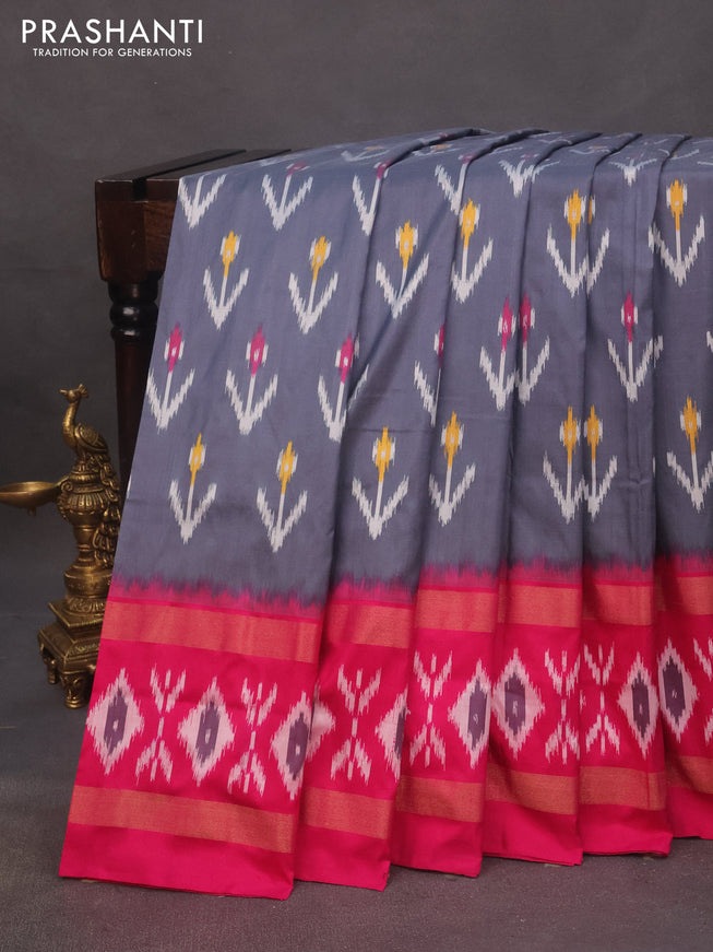 Pochampally silk saree grey and pink with allover ikat butta weaves and rettapet zari woven ikat style border