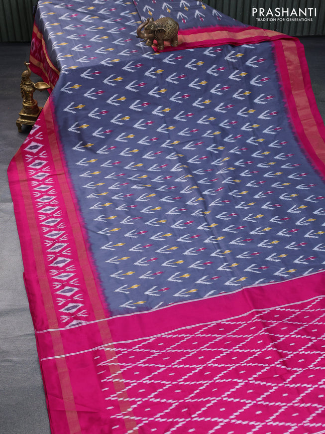 Pochampally silk saree grey and pink with allover ikat butta weaves and rettapet zari woven ikat style border