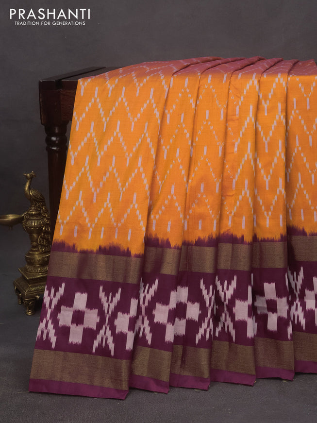 Pochampally silk saree mango yellow and deep maroon with allover ikat weaves and rettapet zari woven ikat style border