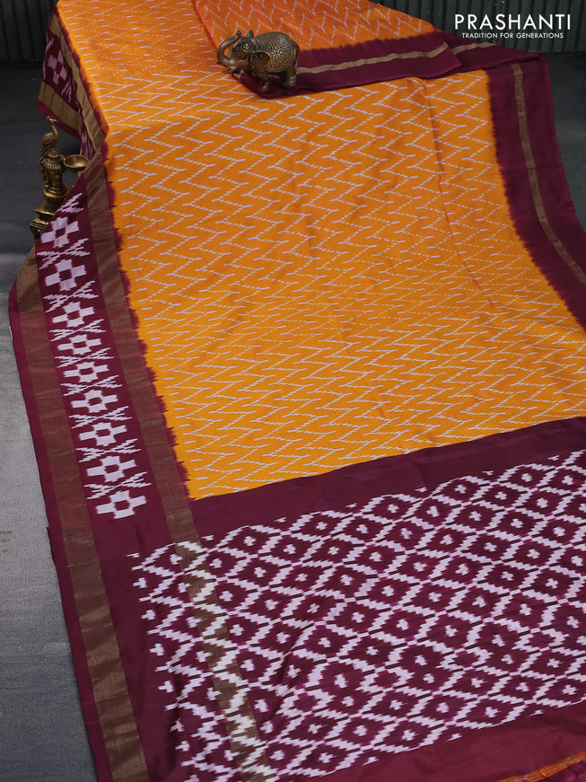 Pochampally silk saree mango yellow and deep maroon with allover ikat weaves and rettapet zari woven ikat style border