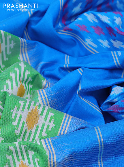 Pochampally silk saree light green and cs blue with allover ikat butta weaves and rettapet zari woven ikat style border