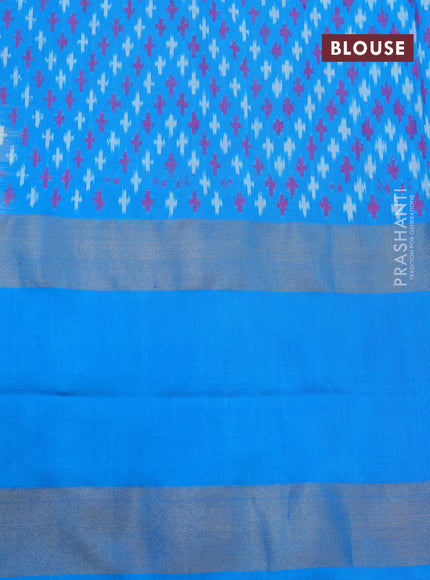 Pochampally silk saree light green and cs blue with allover ikat butta weaves and rettapet zari woven ikat style border