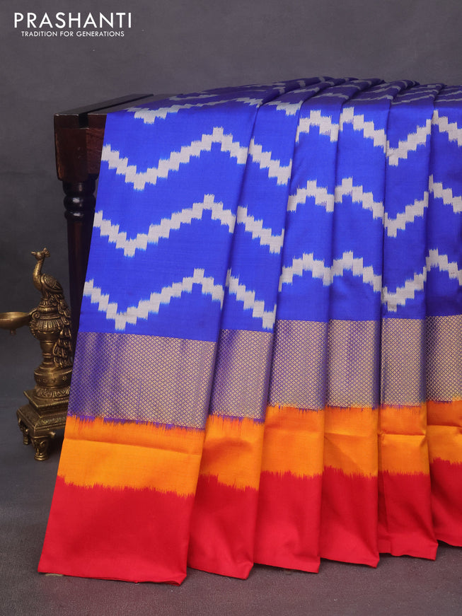 Pochampally silk saree blue and mango yellow red with allover zig zag weaves and zari woven simple border