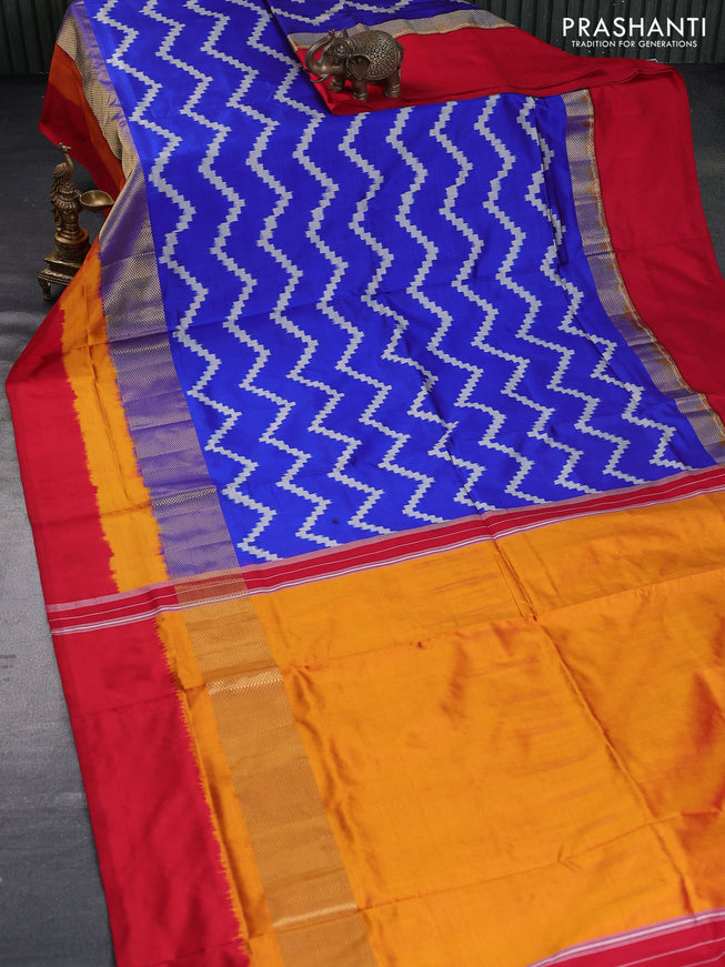 Pochampally silk saree blue and mango yellow red with allover zig zag weaves and zari woven simple border