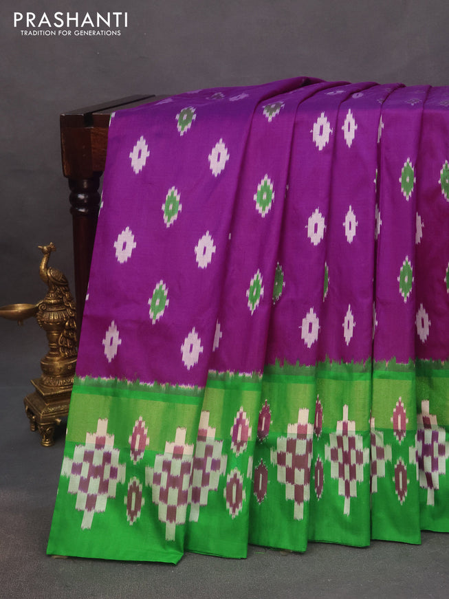 Pochampally silk saree purple and green with allover ikat butta weaves and zari woven ikat style border