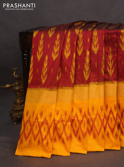 Pochampally silk saree maroon and mango yellow with allover ikat butta weaves and zari woven ikat style border