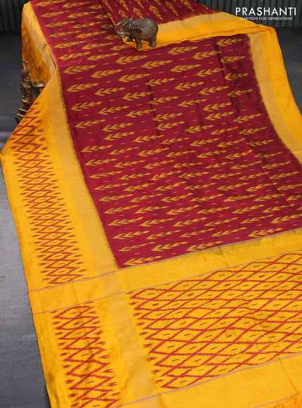 Pochampally silk saree maroon and mango yellow with allover ikat butta weaves and zari woven ikat style border