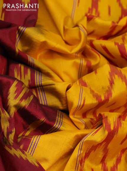 Pochampally silk saree maroon and mango yellow with allover ikat butta weaves and zari woven ikat style border