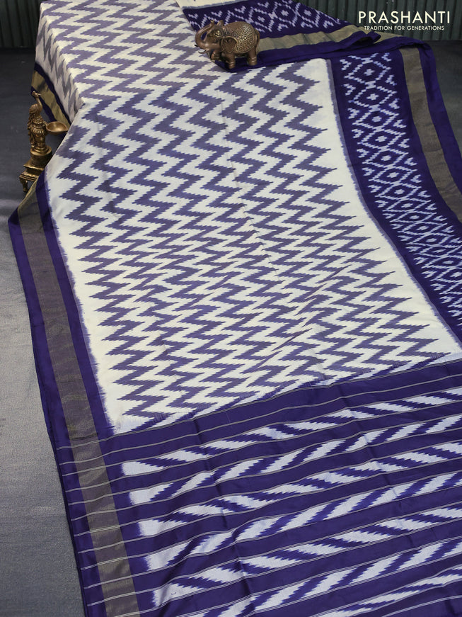 Pochampally silk saree off white and navy blue with allover zig zag weaves and zari woven border