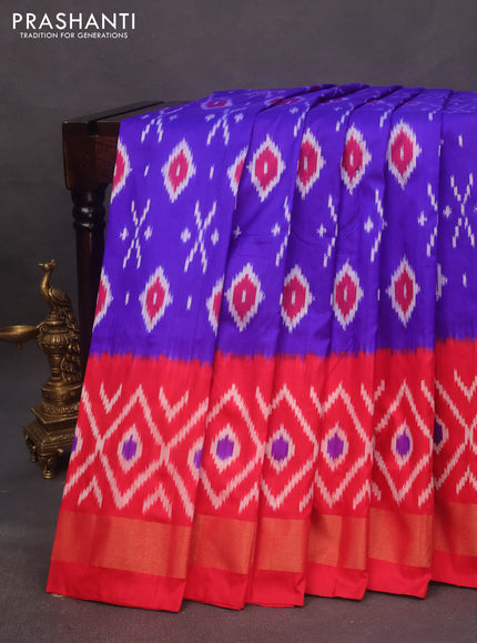 Pochampally silk saree blue and red with allover ikat butta weaves and ikat woven zari border