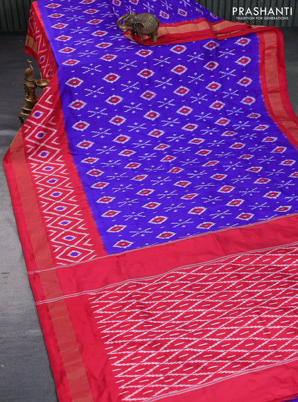 Pochampally silk saree blue and red with allover ikat butta weaves and ikat woven zari border