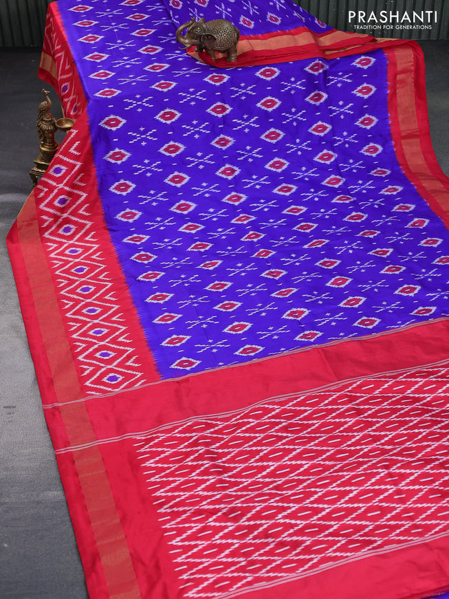 Pochampally silk saree blue and red with allover ikat butta weaves and ikat woven zari border