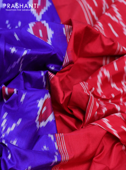 Pochampally silk saree blue and red with allover ikat butta weaves and ikat woven zari border