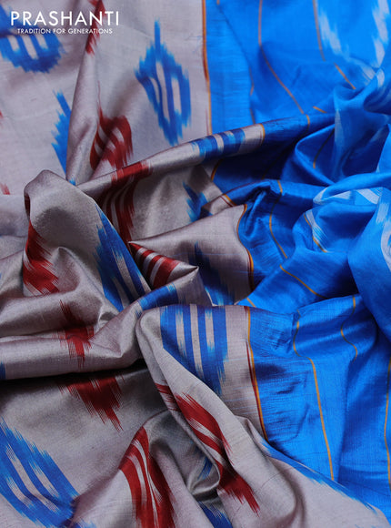 Pochampally silk saree grey and cs blue with allover ikat butta weaves and ikat woven zari border