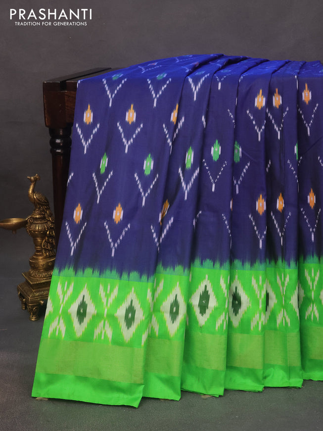 Pochampally silk saree peacock blue and light green with allover ikat butta weaves and ikat woven zari border