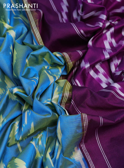 Pochampally silk saree dual shade of cs blue and deep purple with allover ikat butta weaves and long ikat woven zari border