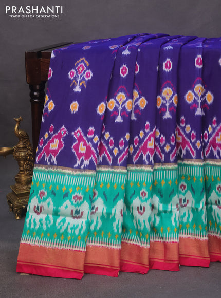 Pochampally silk saree blue and magenta pink with allover ikat butta weaves and long ikat woven zari border