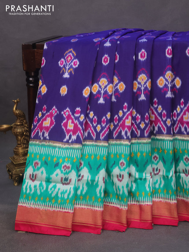 Pochampally silk saree blue and magenta pink with allover ikat butta weaves and long ikat woven zari border