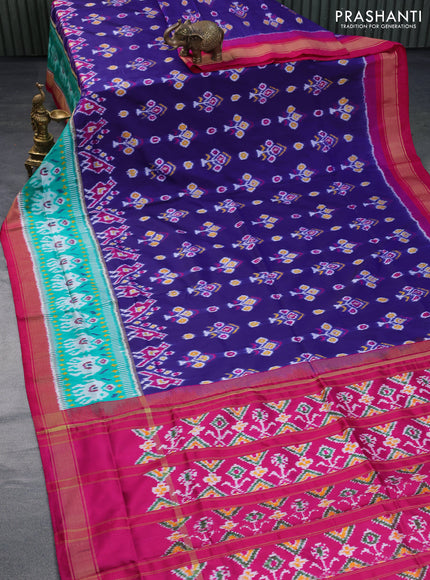 Pochampally silk saree blue and magenta pink with allover ikat butta weaves and long ikat woven zari border