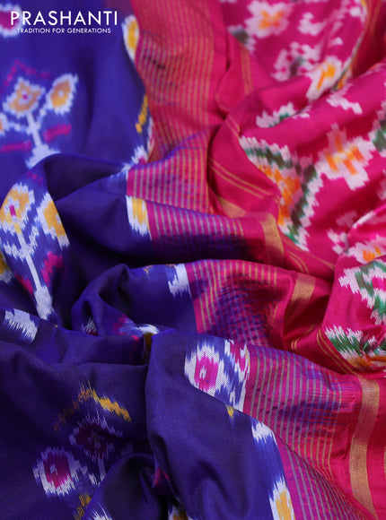 Pochampally silk saree blue and magenta pink with allover ikat butta weaves and long ikat woven zari border