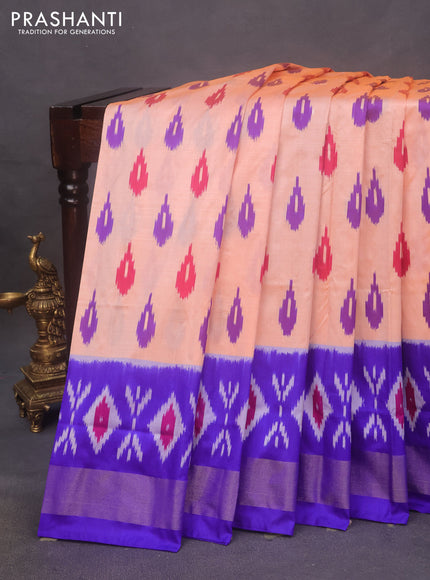 Pochampally silk saree peach shade and blue with allover ikat butta weaves and zari woven border