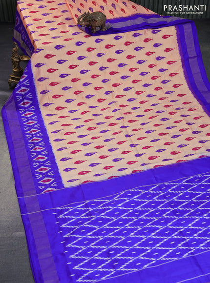 Pochampally silk saree peach shade and blue with allover ikat butta weaves and zari woven border