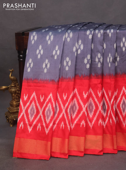 Pochampally silk saree grey and red with allover ikat butta weaves and zari woven border