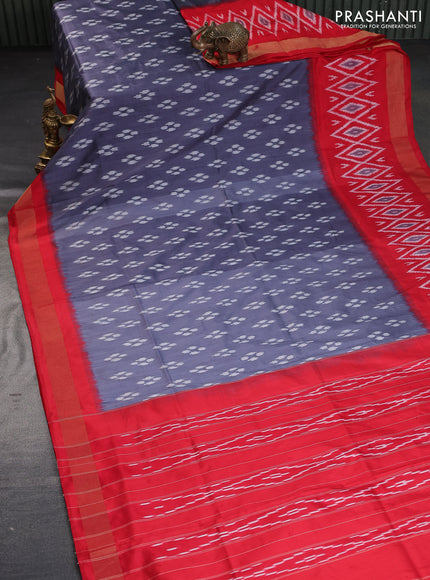 Pochampally silk saree grey and red with allover ikat butta weaves and zari woven border