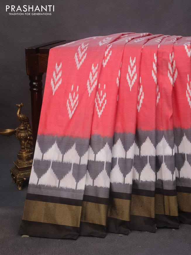 Pochampally silk saree red shade and black with allover ikat butta weaves and zari woven border