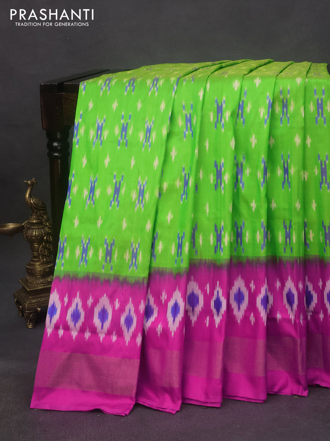 Pochampally silk saree fluorescent green and pink with allover ikat butta weaves and zari woven border