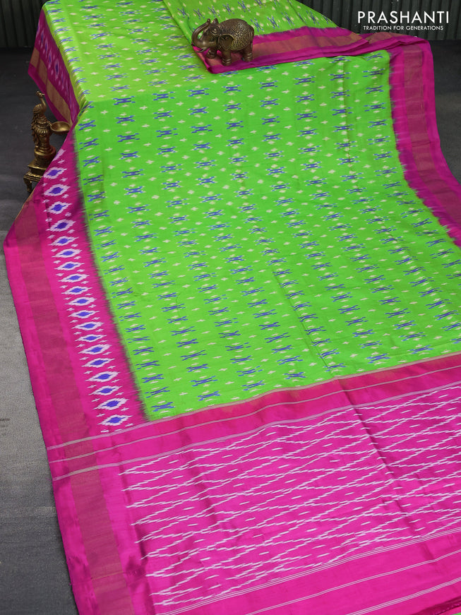 Pochampally silk saree fluorescent green and pink with allover ikat butta weaves and zari woven border