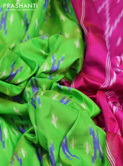 Pochampally silk saree fluorescent green and pink with allover ikat butta weaves and zari woven border