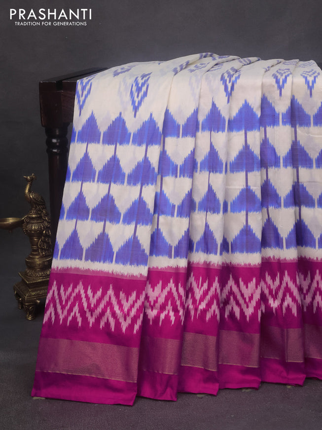 Pochampally silk saree off white and pink with allover ikat weaves and zari woven border