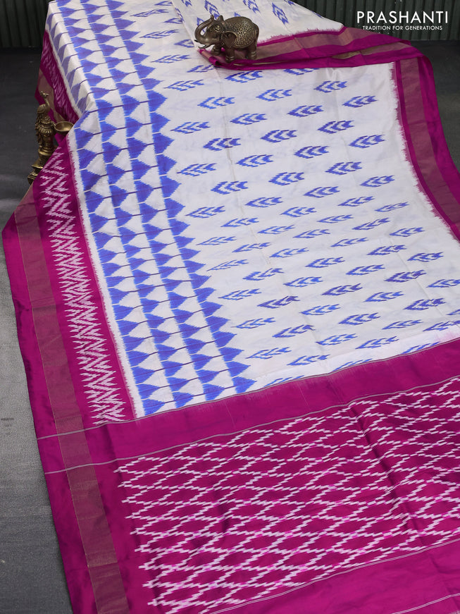 Pochampally silk saree off white and pink with allover ikat weaves and zari woven border