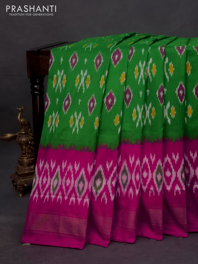 Pochampally silk saree green and pink with allover ikat butta weaves and zari woven border