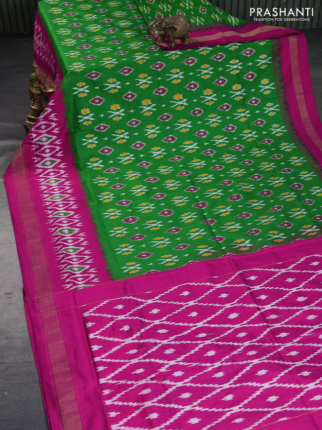 Pochampally silk saree green and pink with allover ikat butta weaves and zari woven border