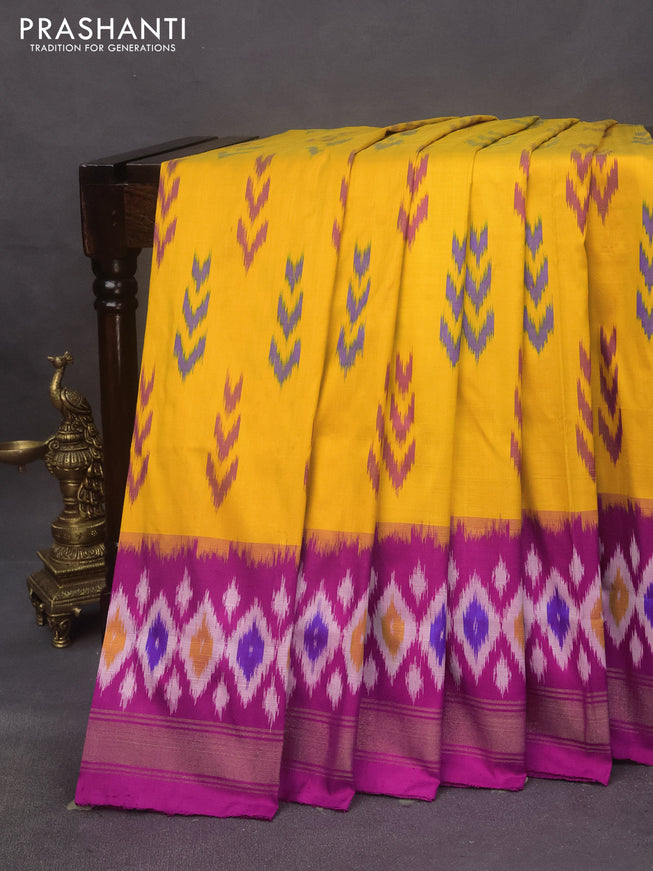 Pochampally silk saree mustard yellow and magenta pink with allover ikat butta weaves and zari woven border