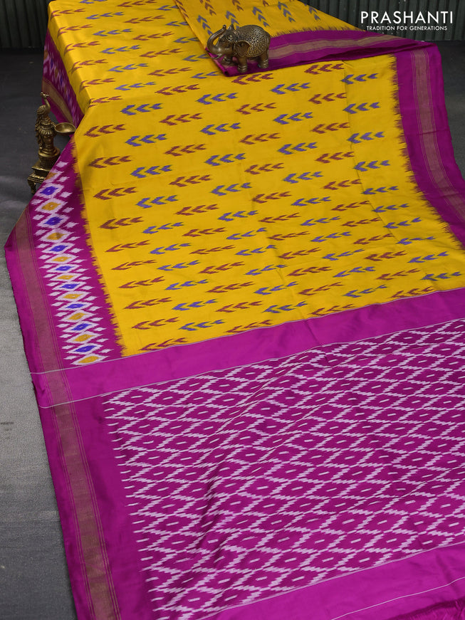 Pochampally silk saree mustard yellow and magenta pink with allover ikat butta weaves and zari woven border