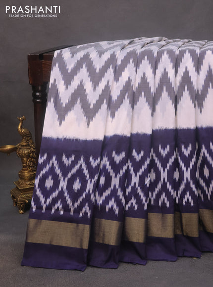 Pochampally silk saree off white and navy blue with allover zig zag weaves and zari woven border