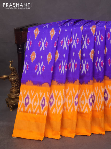 Pochampally silk saree blue and mango yellow with allover ikat butta weaves and zari woven border