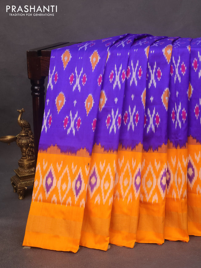 Pochampally silk saree blue and mango yellow with allover ikat butta weaves and zari woven border