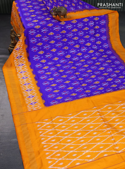 Pochampally silk saree blue and mango yellow with allover ikat butta weaves and zari woven border