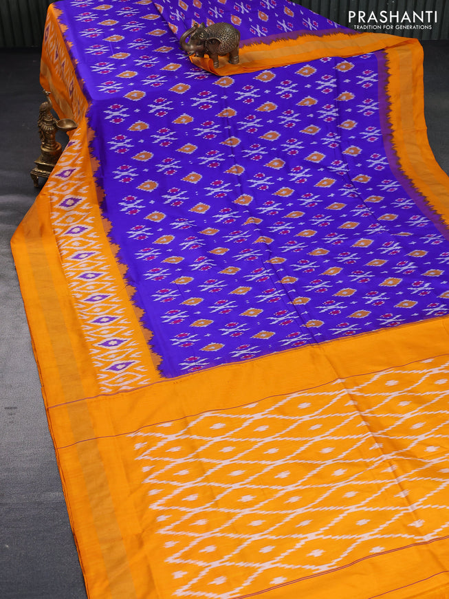 Pochampally silk saree blue and mango yellow with allover ikat butta weaves and zari woven border